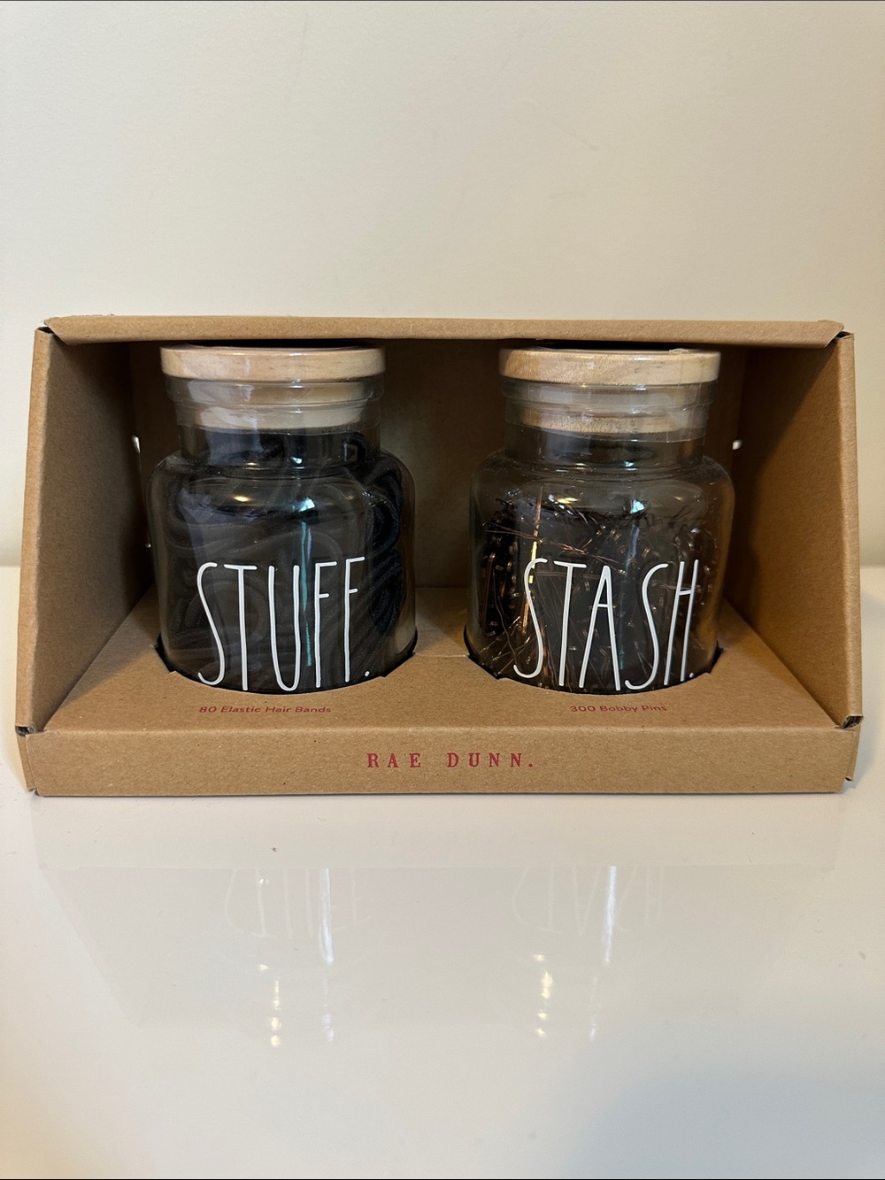 Rae Dunn 'STUFF' & 'STASH' Glass Jars with Wood Lids-Elastic Hairties,Bobby Pins